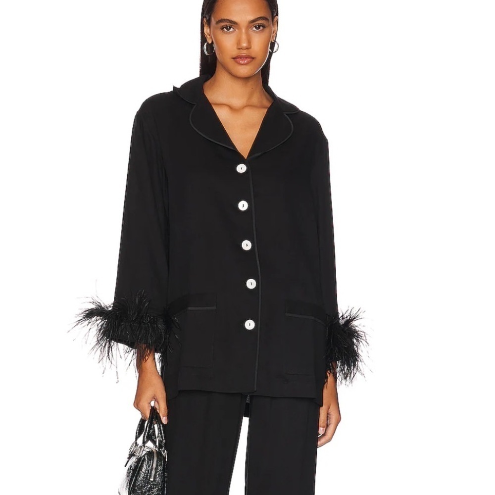 Sleeper party pajamas Black Feather-Trimmed Top ostrich loose blouse Revolve S
